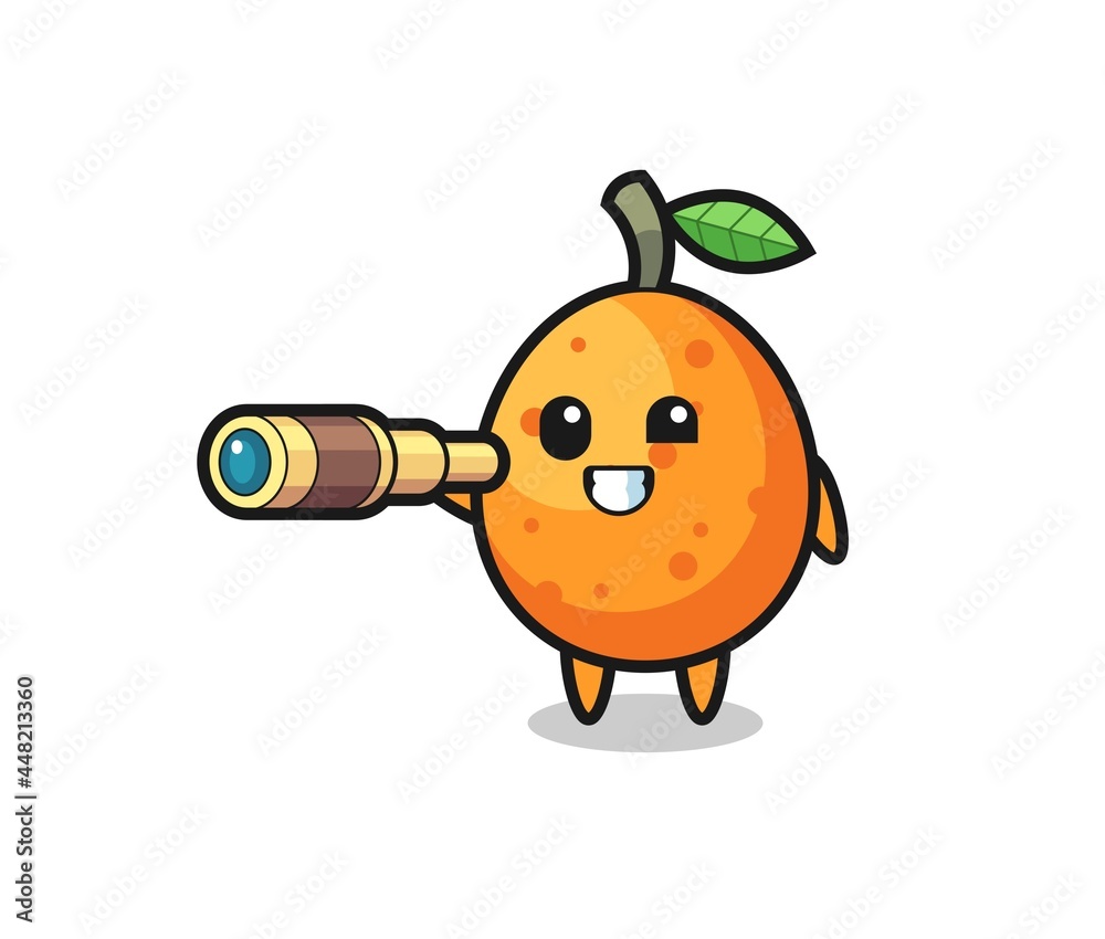 Obraz premium cute kumquat character is holding an old telescope