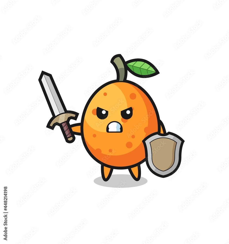 cute kumquat soldier fighting with sword and shield