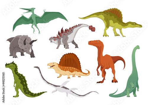 Dinosaurs flat icon collection. Colored isolated prehistoric reptile monsters on white background.  cartoon dino animals set including Pteranodon  Triceratops  Allosaurus  Dimetrodon