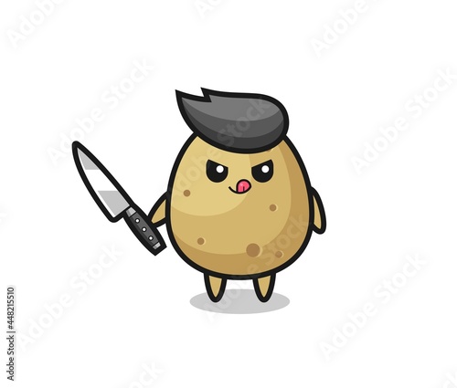 cute potato mascot as a psychopath holding a knife
