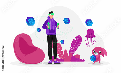 A teenage man wearing VR glasses is making money playing NFT games. Around him are two game animal characters and ROVOMON coins floating around him.