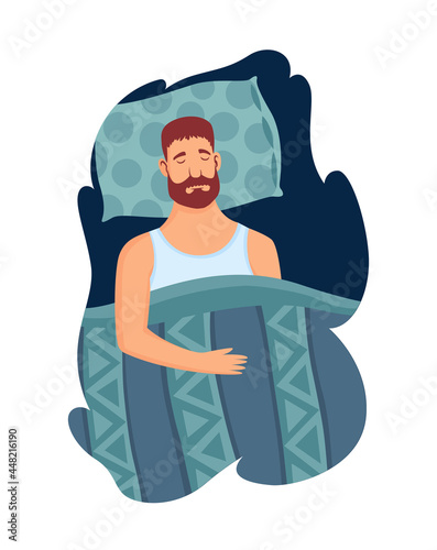 Good sleep rules and man sleeps on pillow  illustration. Template healthy sleep. Good night relaxation. Helpful ilustrative advice how to get rid of insomnia photo