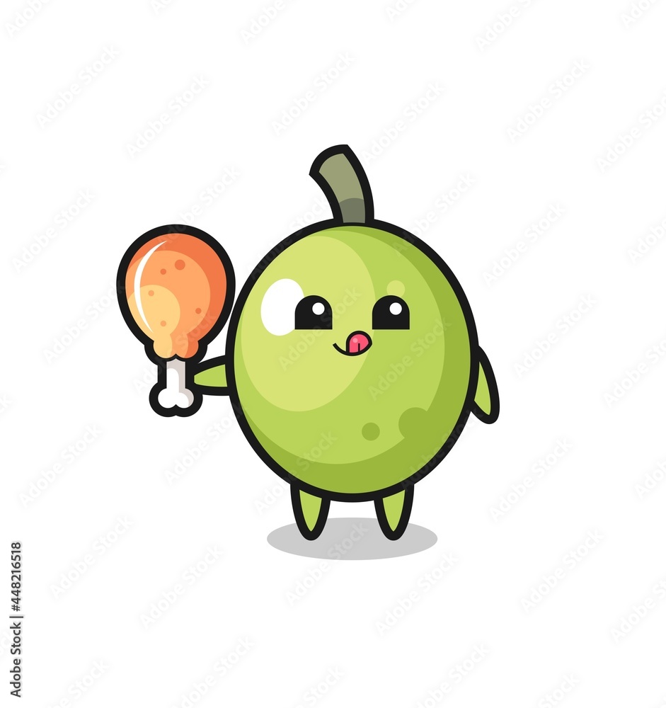 olive cute mascot is eating a fried chicken olive cute mascot is eating a fried chicken