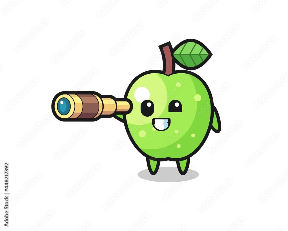 Obraz premium cute green apple character is holding an old telescope