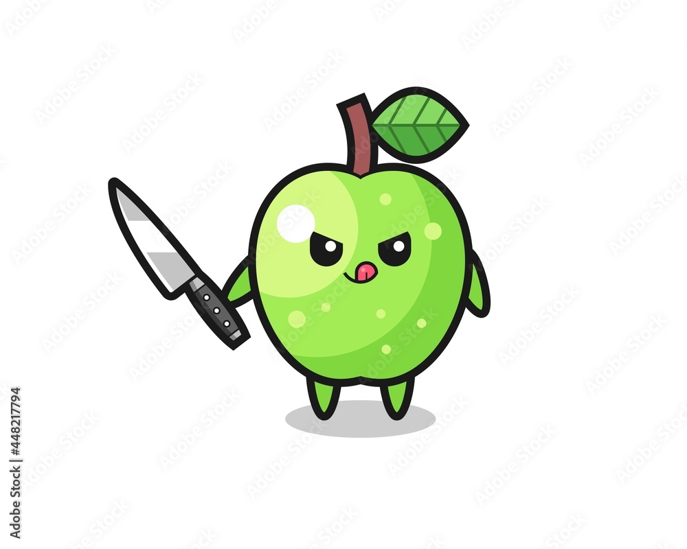 cute green apple mascot as a psychopath holding a knife cute green apple mascot as a psychopath holding a knife