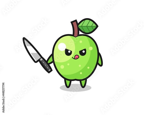 cute green apple mascot as a psychopath holding a knife