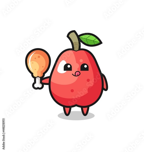 water apple cute mascot is eating a fried chicken
