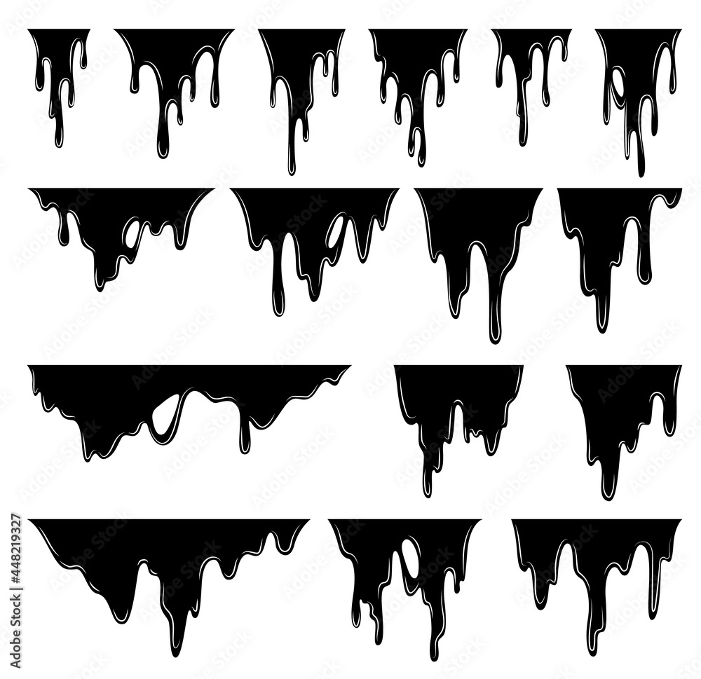 Paint dripping liquid. Flowing oil stain. Set of black drips. Current ink streak, fluid smudge.  illustration on white background