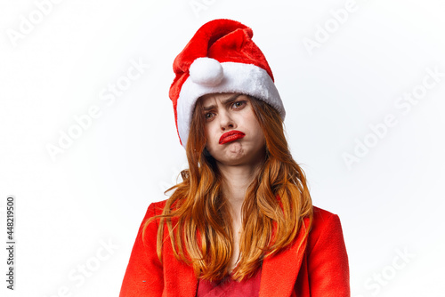 woman wearing santa claus costume basing glamor fashion studio