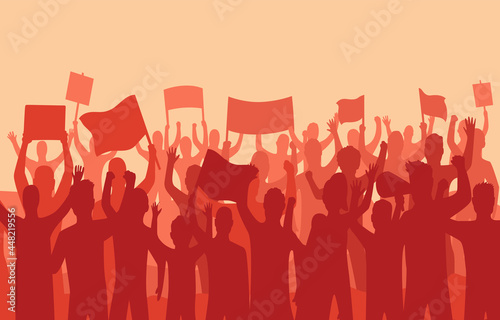 Peaceful protest and revolution. Silhouette of riot protesting crowd demonstrators with banners and flags. People on the meeting, crowd with banners.  illustration of conflict photo
