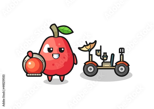 the cute water apple as astronaut with a lunar rover