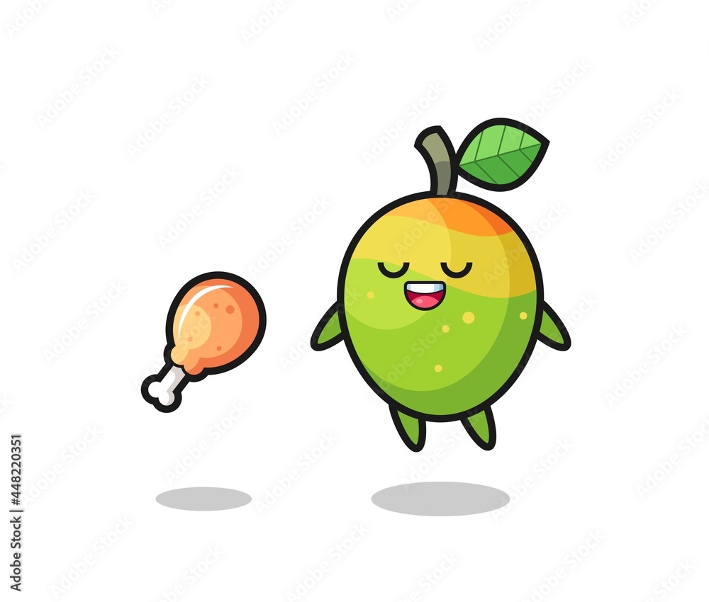 cute mango floating and tempted because of fried chicken
