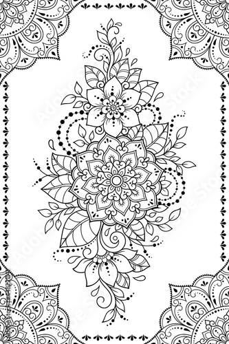Frame in eastern tradition. Stylized with henna tattoos decorative pattern for decorating covers for book, notebook, casket, magazine, postcard and folder. Flower and mandala in mehndi style.