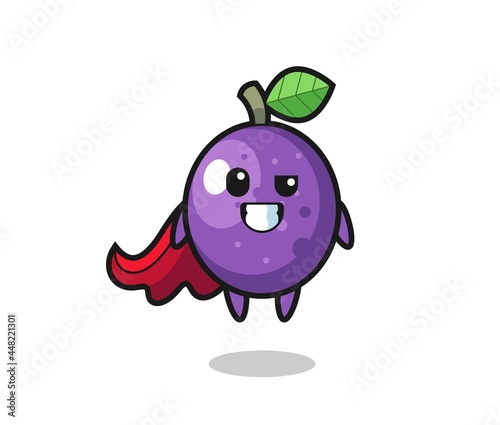 the cute passion fruit character as a flying superhero
