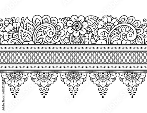 Borders pattern with Mehndi flower for Henna drawing and tattoo. Decoration in ethnic oriental, Indian style. Doodle ornament. Outline hand draw vector illustration.