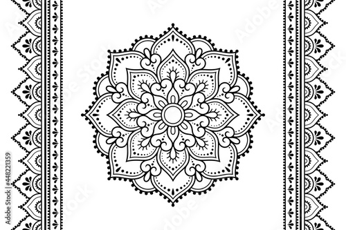 Set of mandala pattern and seamless border for Henna drawing and tattoo. Decoration in ethnic oriental mehndi, Indian style. Doodle ornament in black and white. Hand draw vector illustration.