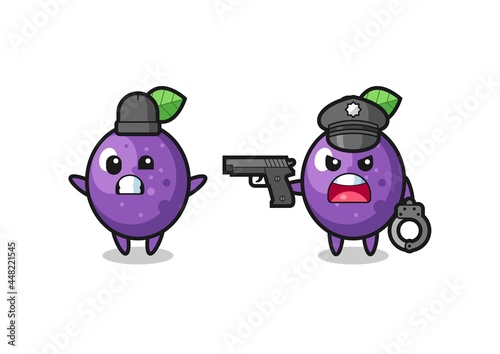 illustration of passion fruit robber with hands up pose caught by police