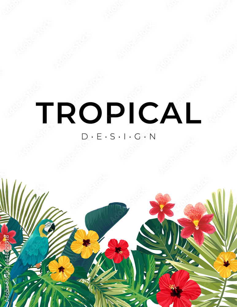 Summer tropical background with exotic palm leaves and hibiscus flowers. Vector floral background.