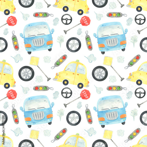 Seamless pattern cute car watercolor. Transport, bus, auto, taxi, cartoon car background. Vehicles colorfull, signs, traffic lights, gas station, wheel, steering wheel. Beep beep traffic digital paper