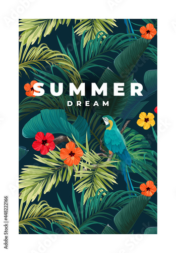 Summer tropical background with exotic palm leaves and hibiscus flowers. Vector floral background.