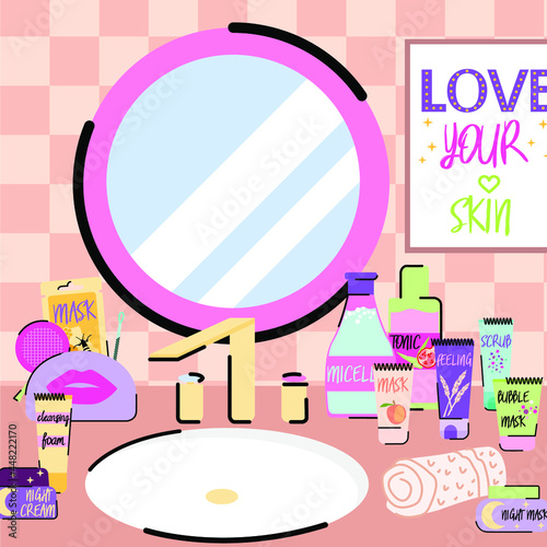 Poster. Bathroom sink with mirror and cosmetics.Vector illustration.