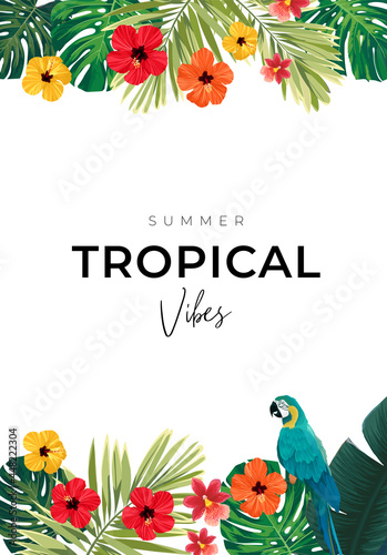 Summer tropical background with exotic palm leaves and hibiscus flowers. Vector floral background.