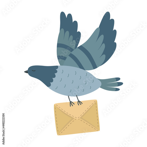 Flying post pigeon with a letter isolated on background.