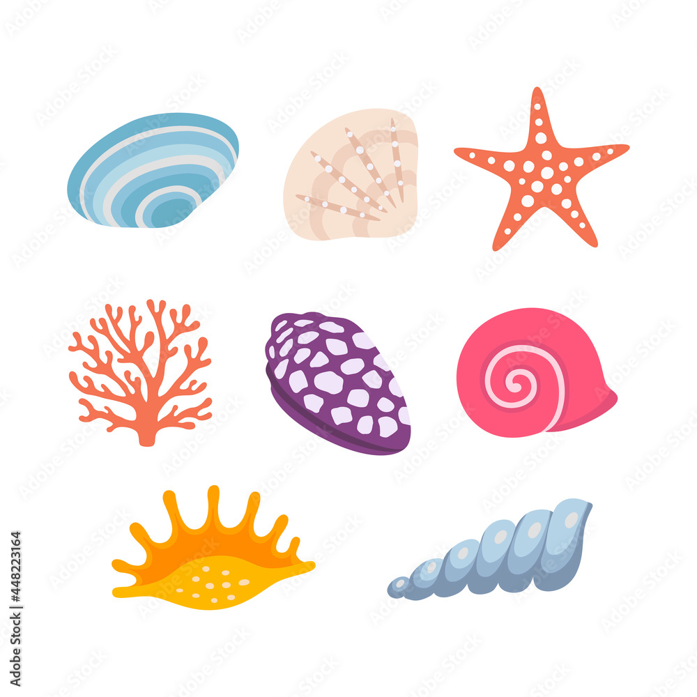 Colorful tropical shells underwater icon set frame of sea shells, vector illustration.Summer concept with shells and sea stars. Round composition, starfish, nature aquatic. Colorful tropical shells underwater icon set frame of sea shells, vector illustration.Summer concept with shells and sea stars. Round composition, starfish, nature aquatic.