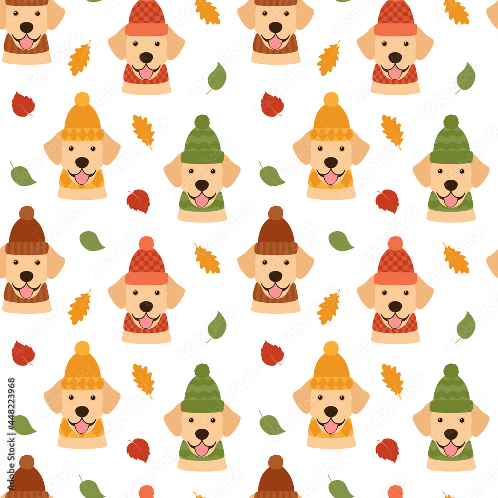 Seamless pattern with dogs and leaves, vector illustration