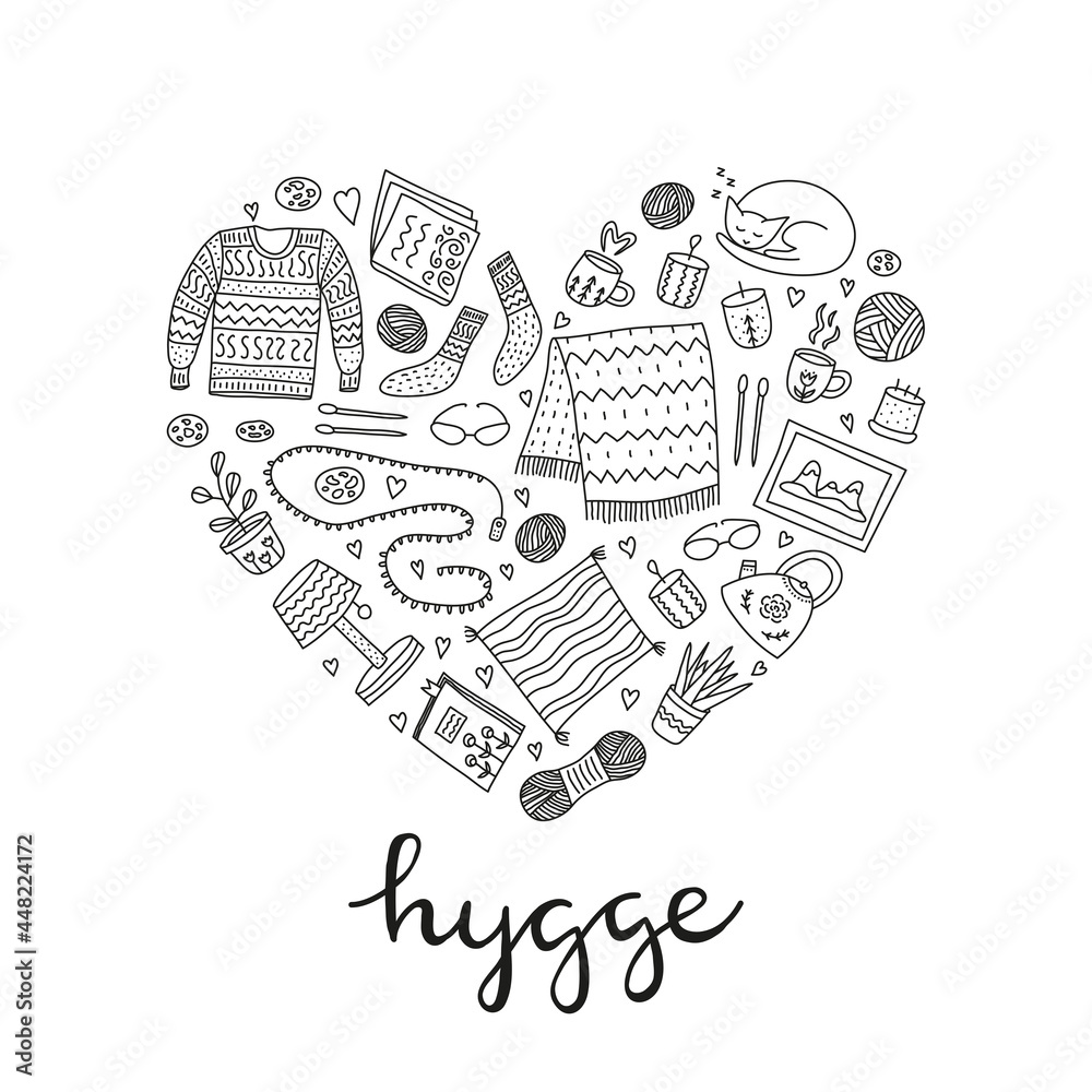 Doodle hygge icons in heart shape.