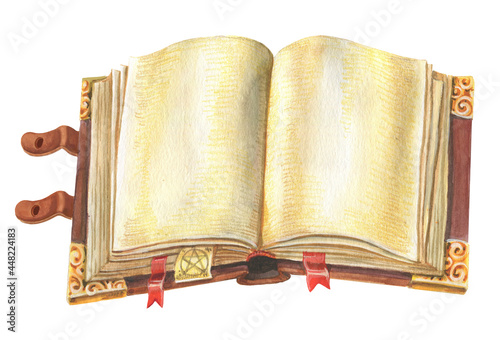 Quadro em tela Opened old magic book with straps  watercolor draw isolated on white background