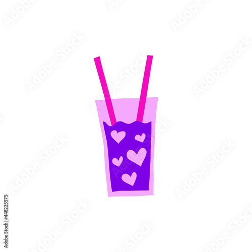 Doodle drink in glass with hearts and two straws.