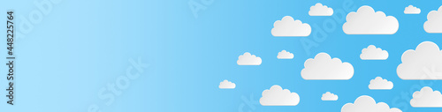 blue sky with white clouds background banner. paper art style