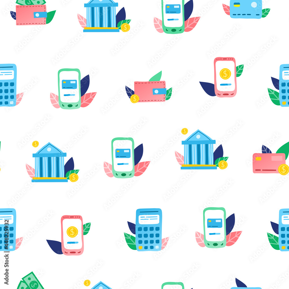 Seamless pattern with money transaction icons.