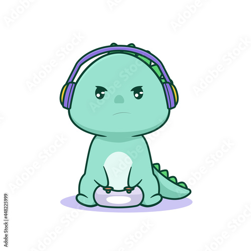 Cute kawaii dinosaur playing game with serious face