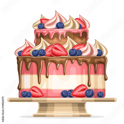Vector illustration Of Birthday Cake, two tier layered cake with twisted merengue, half strawberries and whole blueberry, topping melted chocolate, square poster with wedding cake on white background.