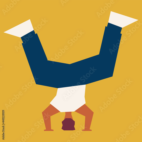 Boy doing headstand dancing breakdance. Cubism art. Vector illustration