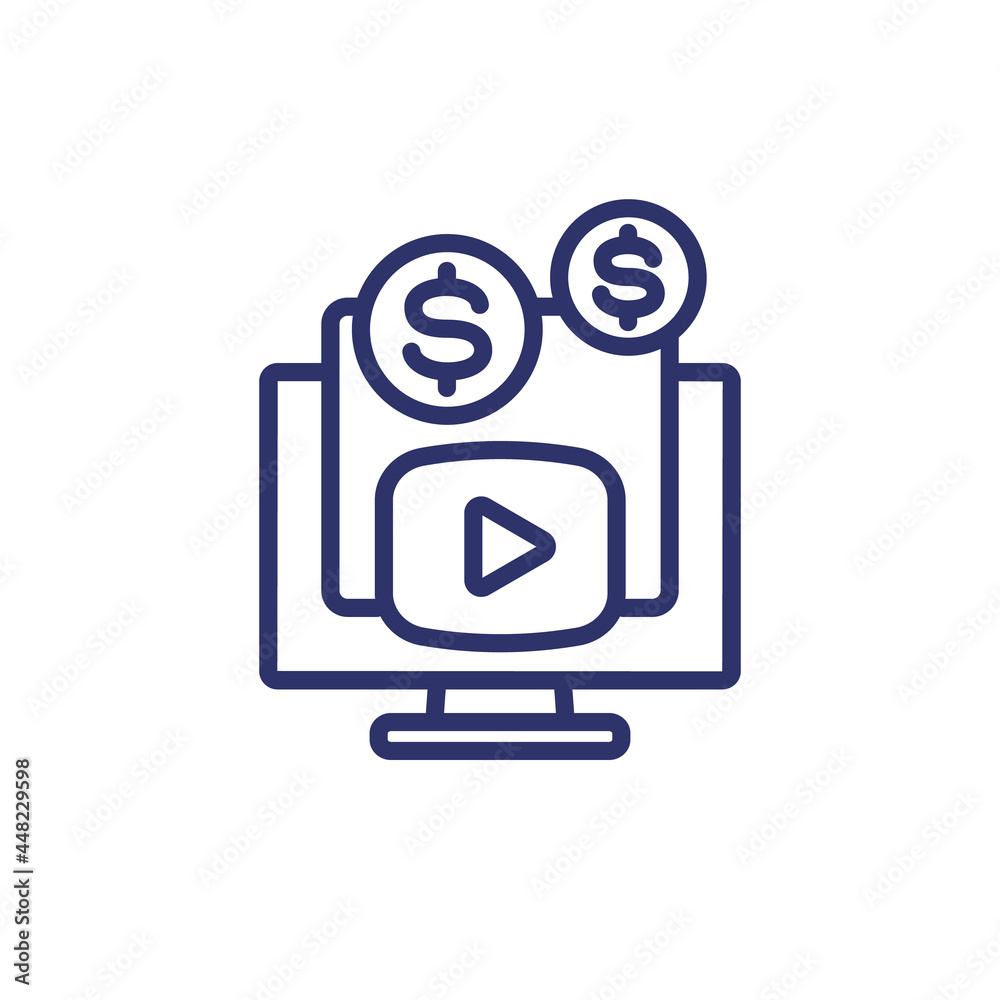 Video monetization line icon on white