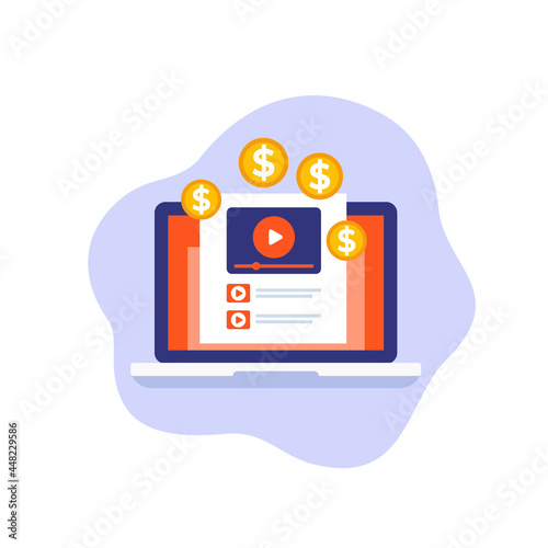 Video monetization, earn money, vector illustration
