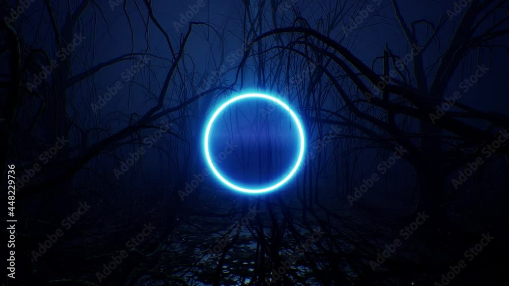 Glowing Blue Neon Circle Light In The Dark Forest 4K