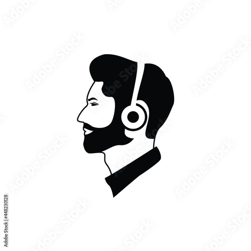 bearded man wearing headphone silhouette side view logo design vector illustration