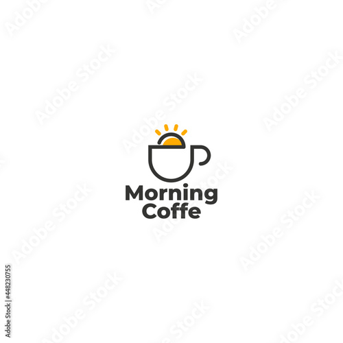 minimalist line art coffe cup with morning sun logo design.