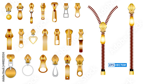 set of realistic zipper for clothes isolated or gold luxury zipper garment or zipper metal fastener fashion concept. eps vector