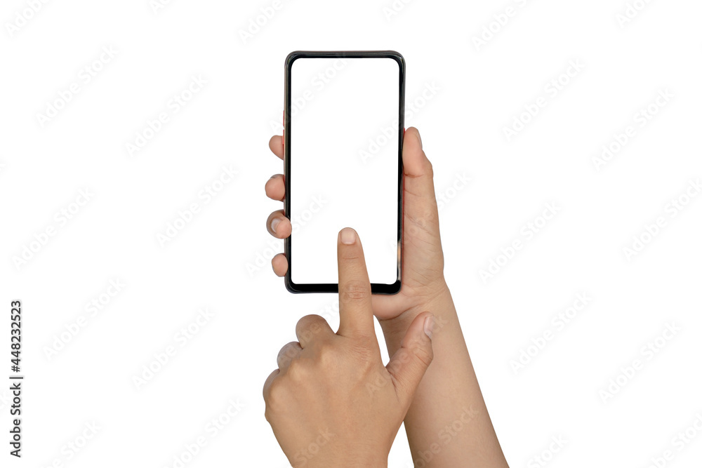 woman typing on mobile phone isolated on white background woman typing on mobile phone isolated on white background
