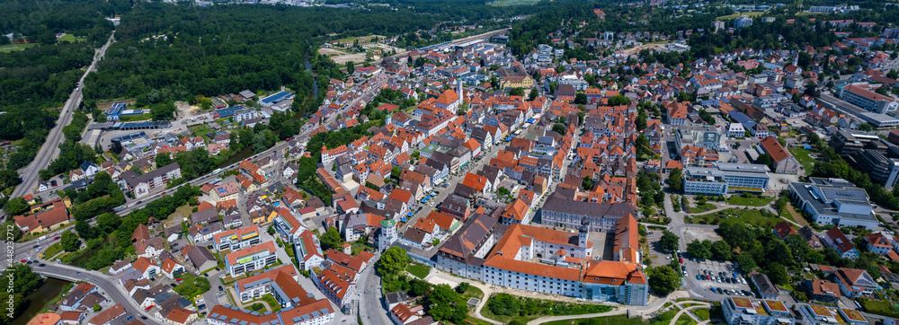 Aerial view of the city Günzburg in Germany, Bavaria on a sunny high noon spring day