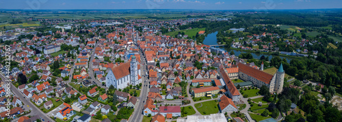 Aerial view of the city Lauingen in Germany, Bavaria on a sunny high noon spring day