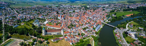 Aerial view of the city Lauingen in Germany, Bavaria on a sunny high noon spring day