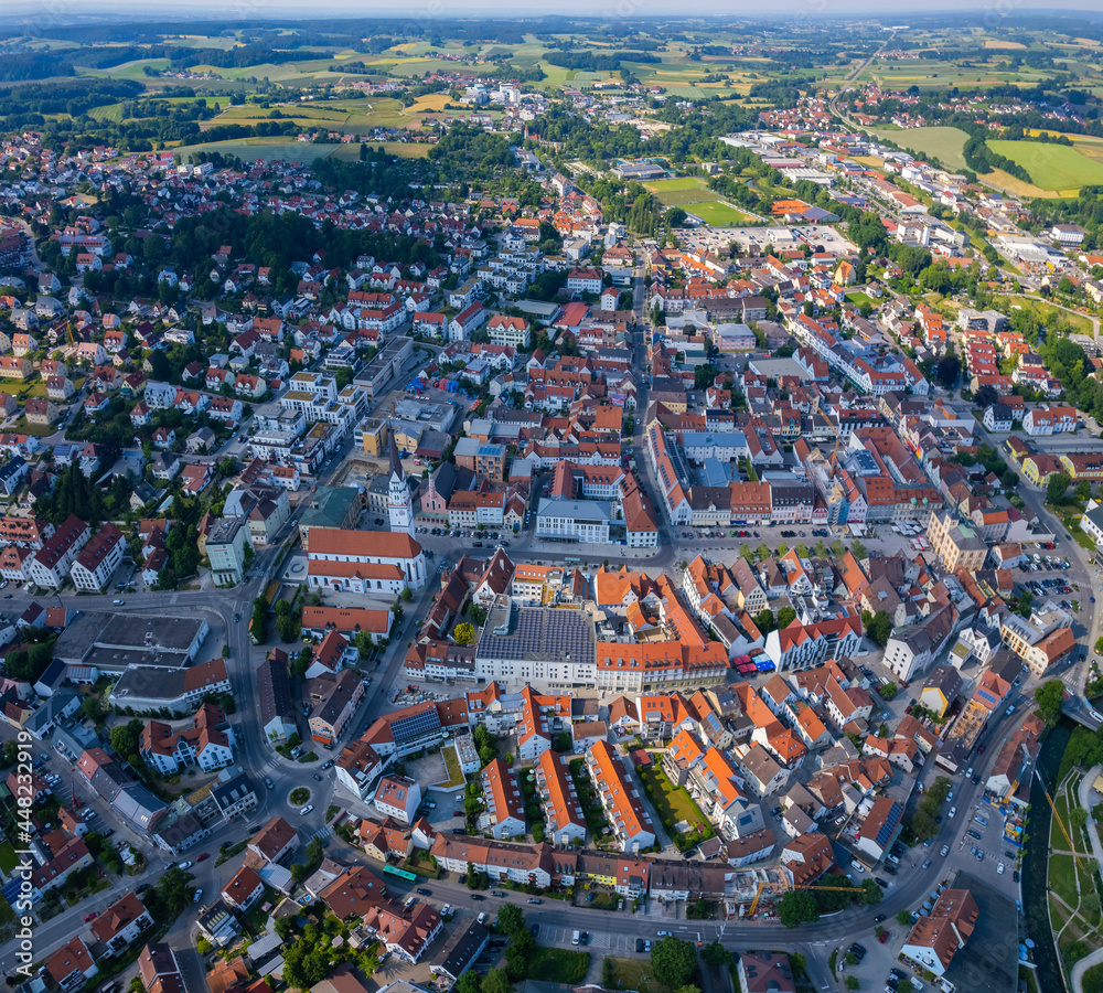 Aerial view of the city Pfaffenhofen an der Ilm in Germany, Bavaria on a sunny high noon spring day