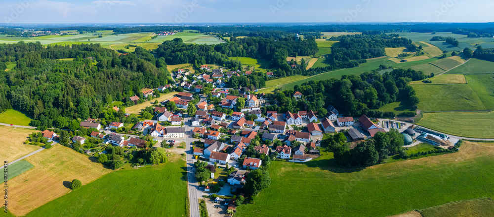 Aerial view of the village Haindlfing in Germany, Bavaria on a sunny afternoon spring day