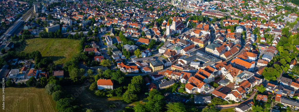 Aerial view of the city Moosburg in Germany, Bavaria on a sunny afternoon spring day
